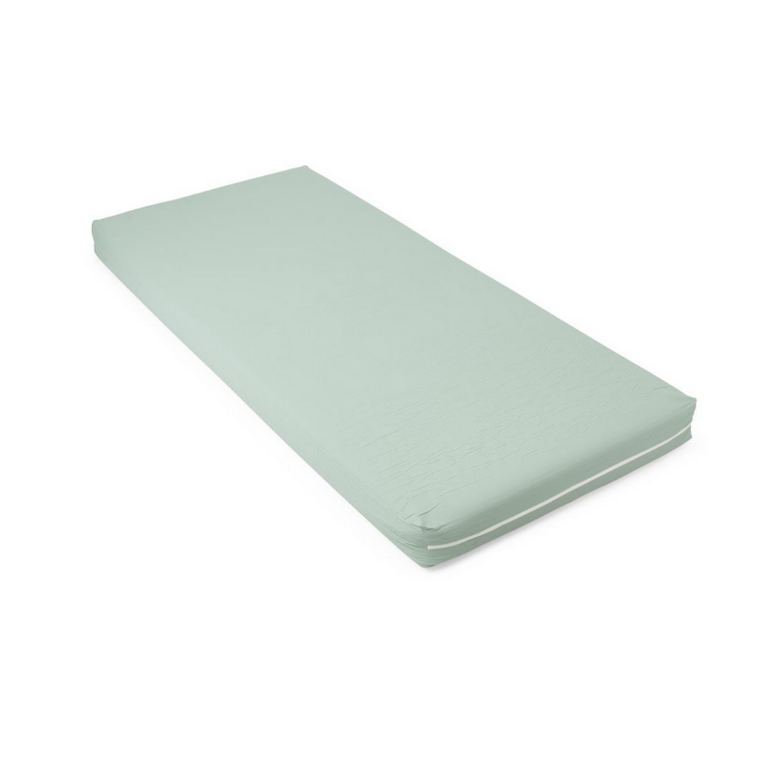 The Medline Premium Foam Homecare Mattress, 36” x 80” x 6”, features a light green rectangular design with a fitted vinyl cover, ideal for homecare beds and shown on a white background.